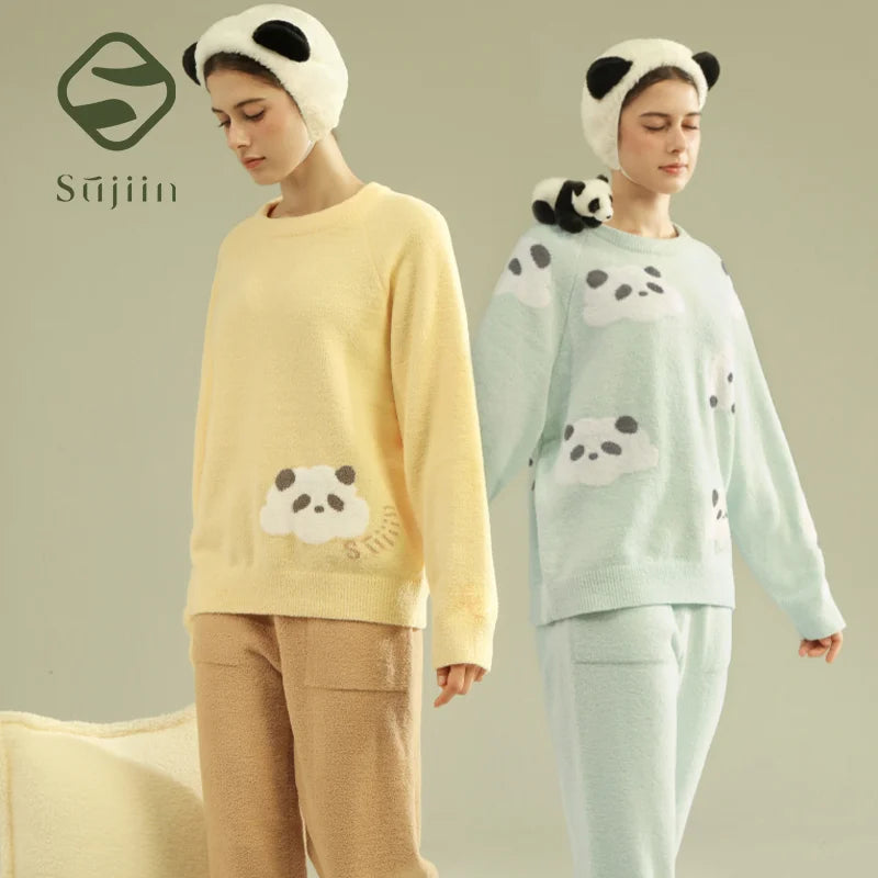 SUJIIN Women's Cute Pajamas Sets Autumn Winter Panda Graphic Sleepwear for Women Men Couple Loungewear Suit Home Clothes SH001