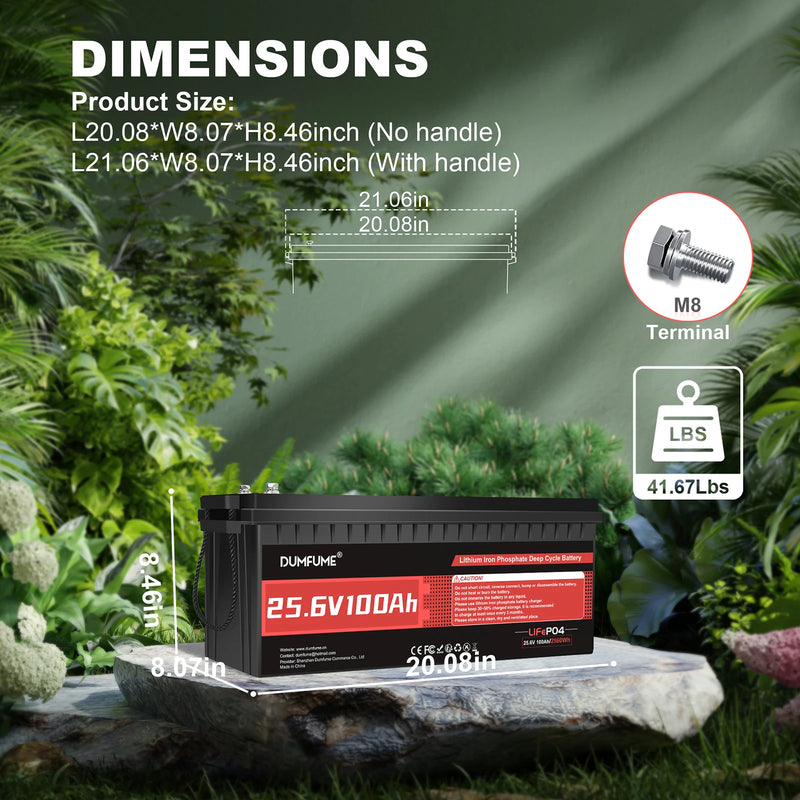Dumfume 24V 100Ah LiFePO4 Lithium Iron Phosphate Battery 100A BMS 2560Wh Energy RV Camping Solar Off-grid Systems Home Storage