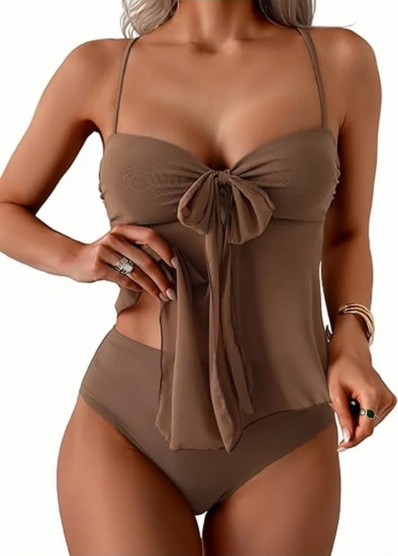 Women Solid Front Bow Chiffon Tankini Spaghetti Strap | SAMAG
