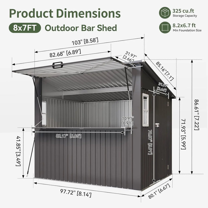 8x7 FT Outdoor Bar Shed with Canopy Black Sloped Roof - View 2 | SAMAG