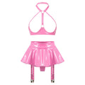 Lingerie Sexy Set Women Wetlook Patent Leather Wire-free Open Cup Sexy Bra with Ruffle Built-in Thongs Garter Belt Mini Skirts