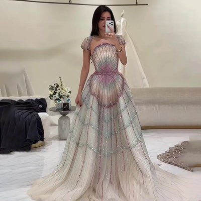 Beading Evening Dresses Gorgeous Beautiful Short Sleeve | SAMAG