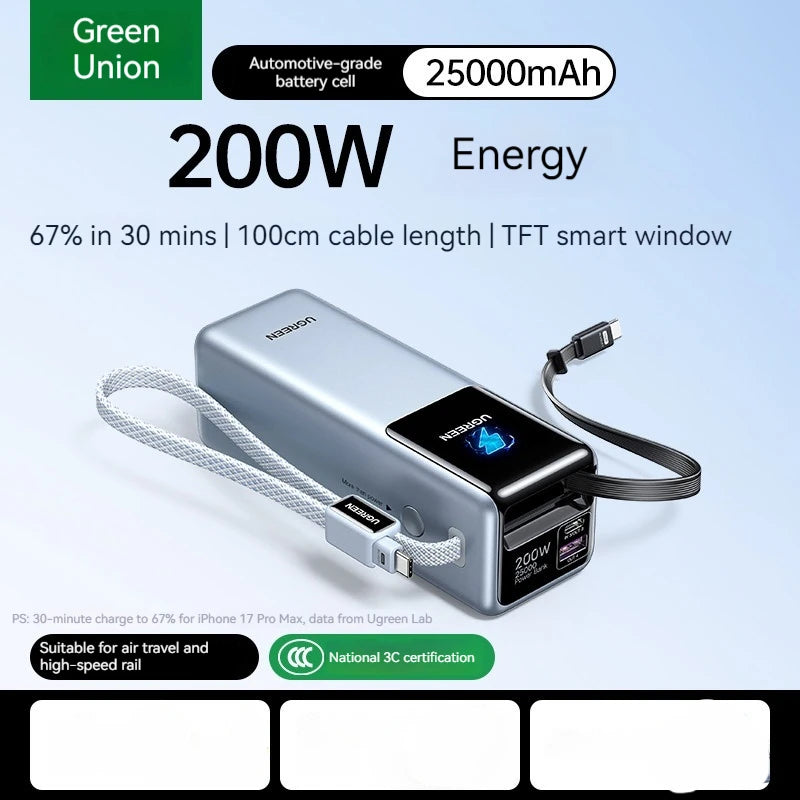 2026 NEW Ugreen PB728 200W 25000MAH Portable Power Bank With Screen And 65cm Data cable Cell Phone Power Bank PC+ABS Laptop PC