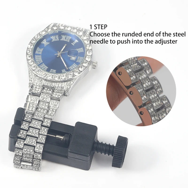 3pcs Men's Silver Watch Set Hip-hop Punk Inlay Diamond Watch+Cuban Chain+Bracelet Comes With Strap Adjuster Stylish Jewelry Gift