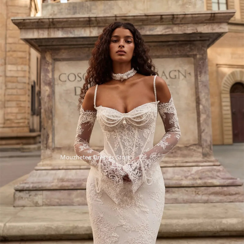 Mouzhetee Mermaid Elegant Pearls Lace Strapless Wedding - View 4 | SAMAG