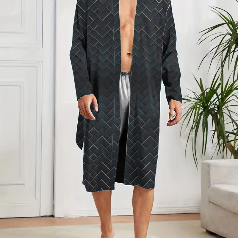 Spring and Autumn Quick Dry Digital Printed Casual Comfortable Shower Robe Sleepwear, Men's Trendy Long Nightgown