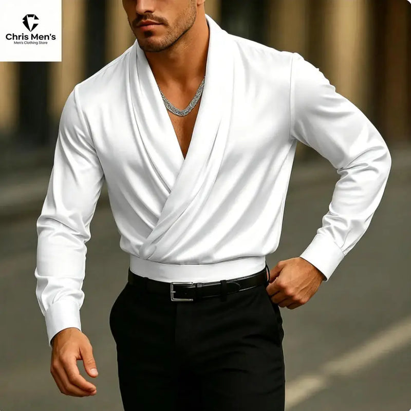 Men's Luxury Satin Wrap Neck Shirt Long Sleeve Elegant | SAMAG