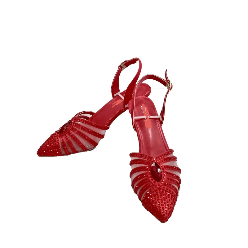 INSIGHTLINK Red Color Party Shoes and Bags Nigerian Women’s Suit Medium Heel Pointed Toe Women’s Shoes  Rhinestones sandals Red