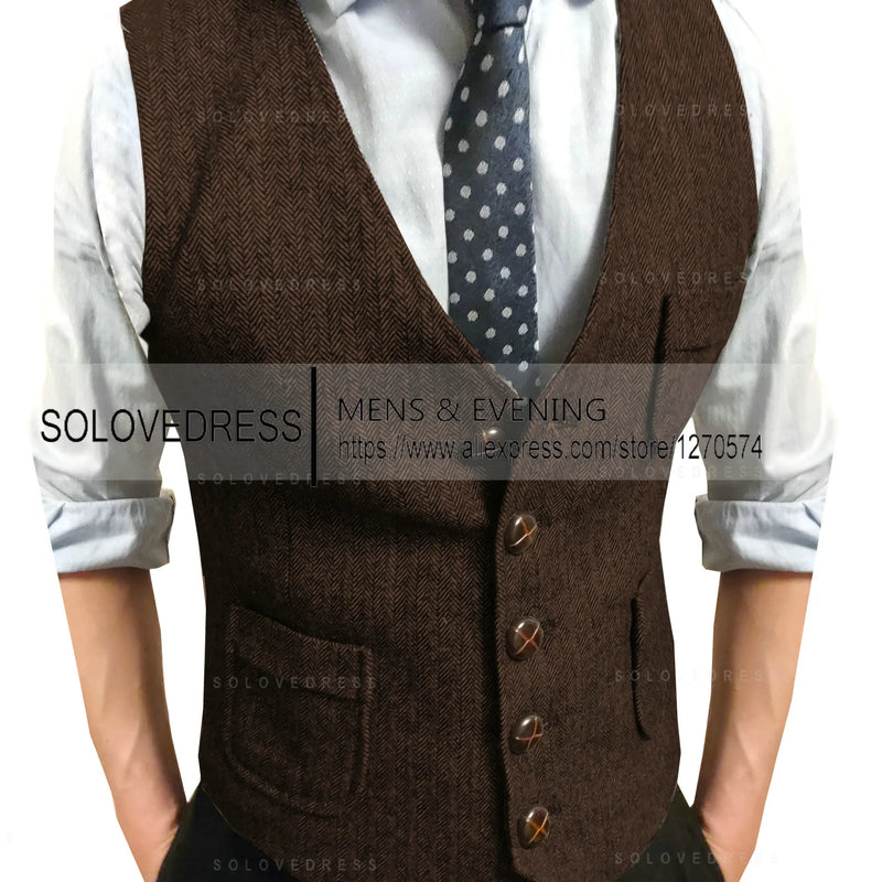 Men's Suit Vest V Neck Notched Lapel Slim Fit Leisure Wool Herringbone Tweed Vest Men for Wedding Groomsmen Mens Waistcoat Vest
