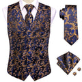 Hi-Tie Navy Blue Mens Vest Formal Paisley Waistcoat Jacket Tie Handkerchief Cufflinks Set For Male Dress Suit Wedding Party