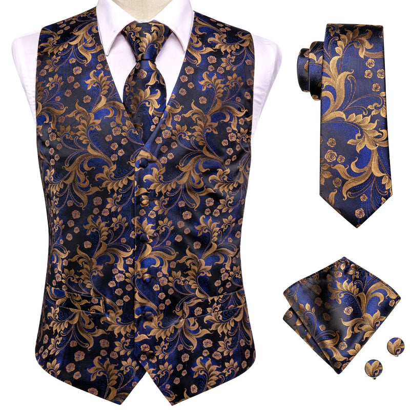 Hi-Tie Navy Blue Mens Vest Formal Paisley Waistcoat Jacket Tie Handkerchief Cufflinks Set For Male Dress Suit Wedding Party
