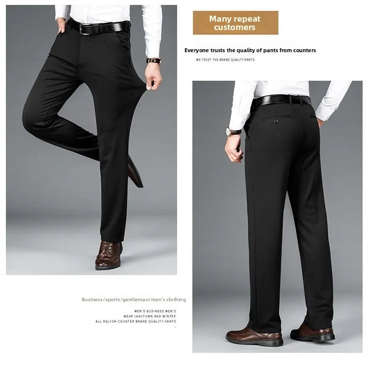 Winter Fleece Warm Business Formal Pants Men Classic Work Office Grey Elastic Waist Suit Thicked Thermal Trousers Plus