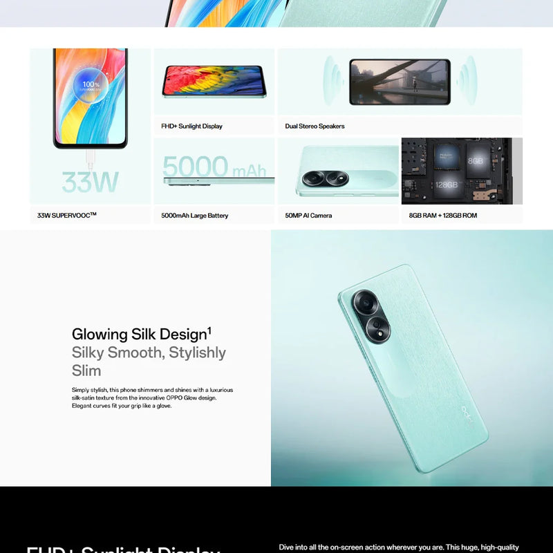OPPO A58 6.72" 120Hz Screen 5G LTE Smartphone 8GB+256GB 50MP Camera 5000mAh Battery Side Fingerprint New Arrival Mobile Phone