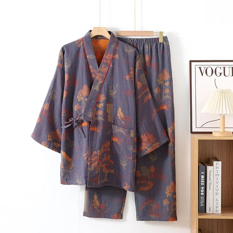 Comfortable Loose Homewear Sleepwear Set Japanese Style Men's Cotton Kimono Pajamas Set - Long Sleeve Robe with Pants