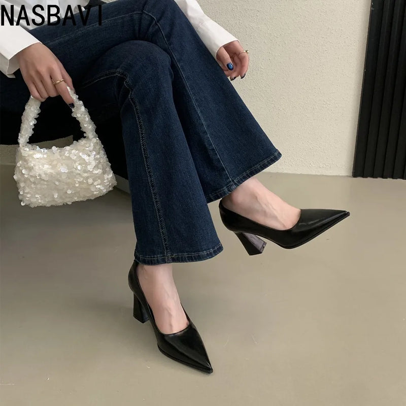 Spring French High Heels Black OL Single Shoes Classic Slip-On Chunky Women's Banquet Prom Dress Party Single Shoes Pumps New