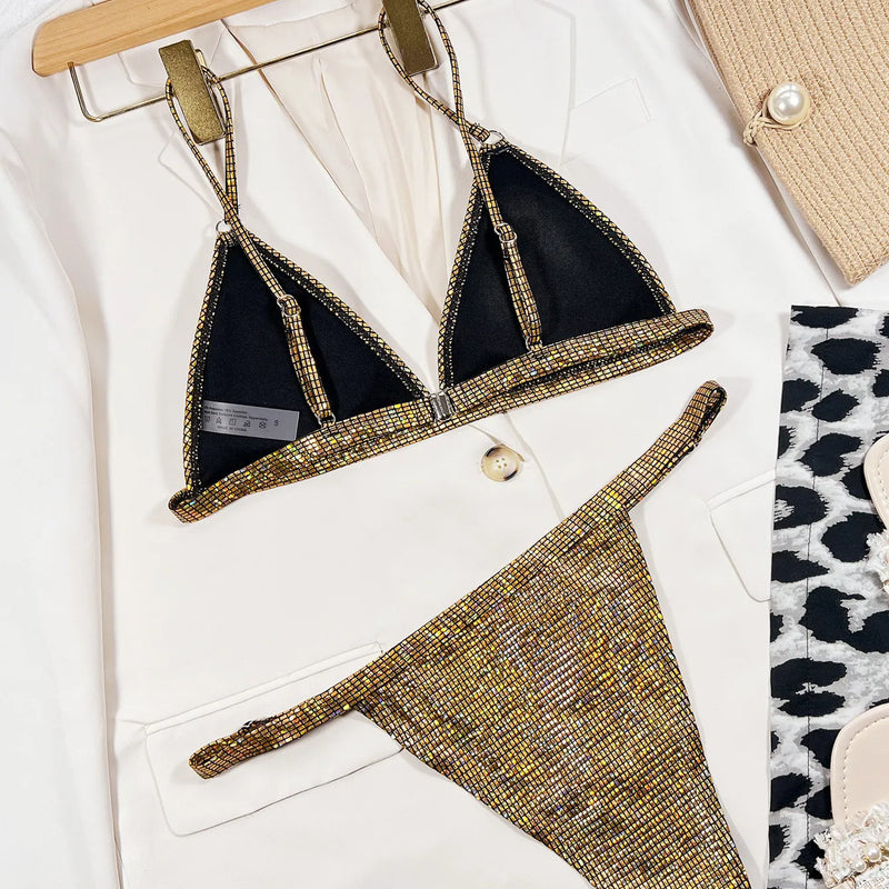 Sexy Glitter Gold Sequine Metal Ring Bikinis Sets Two | SAMAG