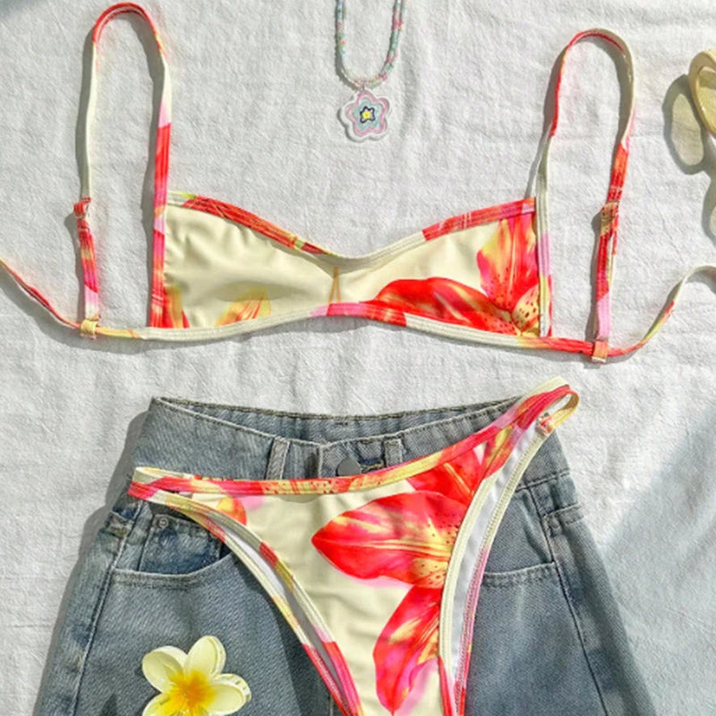 XS - XL Flowers Printed High Leg Cut Bikini Female | SAMAG