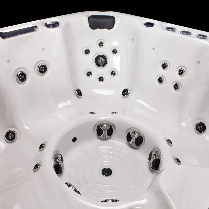Luxury 7-seat Portable Freestanding Rectangular Acrylic Hot Tub with 70 Nozzles, LED Lighting, and Spa Massage Function.