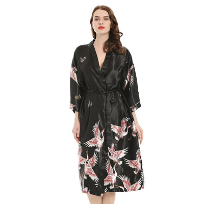 Linccure Women's Crane Print Satin Kimono Robe Silky Half | SAMAG