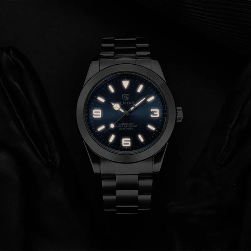 New BENYAR 41mm Men's Automatic Mechanical Watch Classic Blue Stainless Steel 50m Waterproof Luminous Male Business Wristwatch