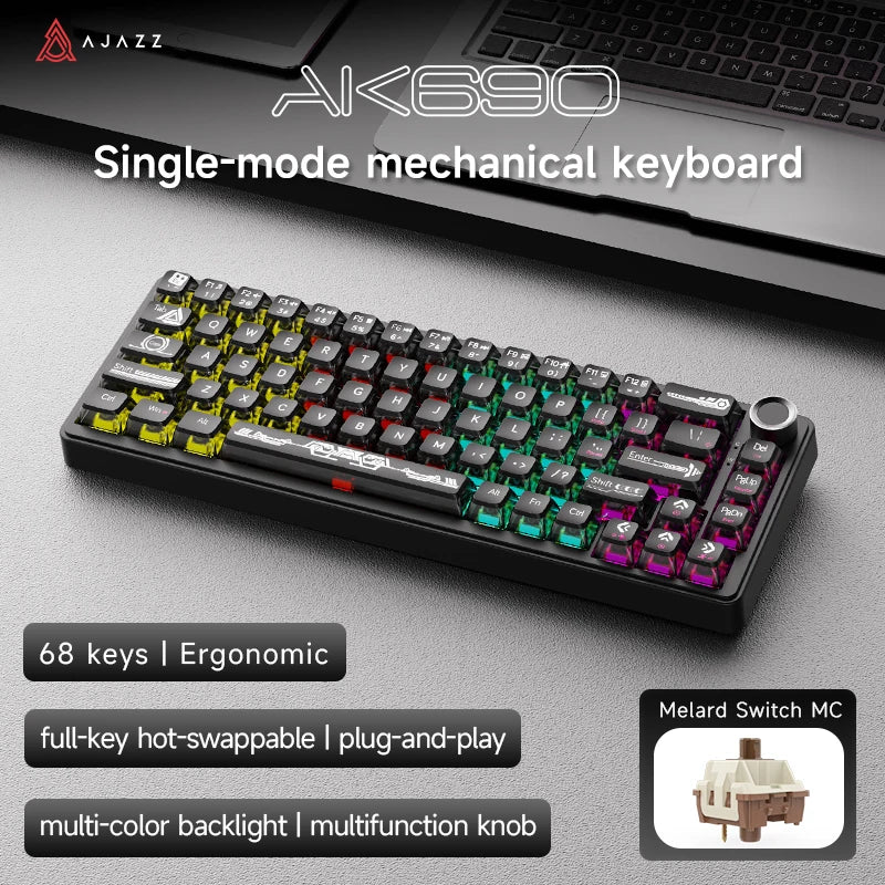 AJAZZ AK690 65% Mechanical Keyboard Wired USB Plug and Play Full-key Hot-Swap Mixed Light 68 Keys Gaming Keyboard for Laptop PC