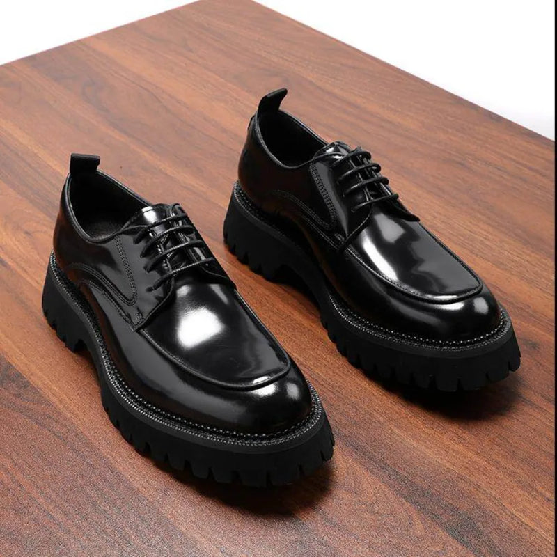 Men's Spring Formal Leather Derby Shoes Glossy Genuine Leather Thick Sole Height Increasing Business Casual Wedding Shoes