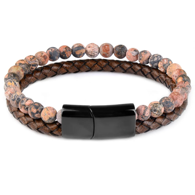 Natural Stone Bracelet Genuine Leather Braided Bracelets Black Stainless Steel Magnetic Clasp Tiger eye Bead Bangle Men Jewelry