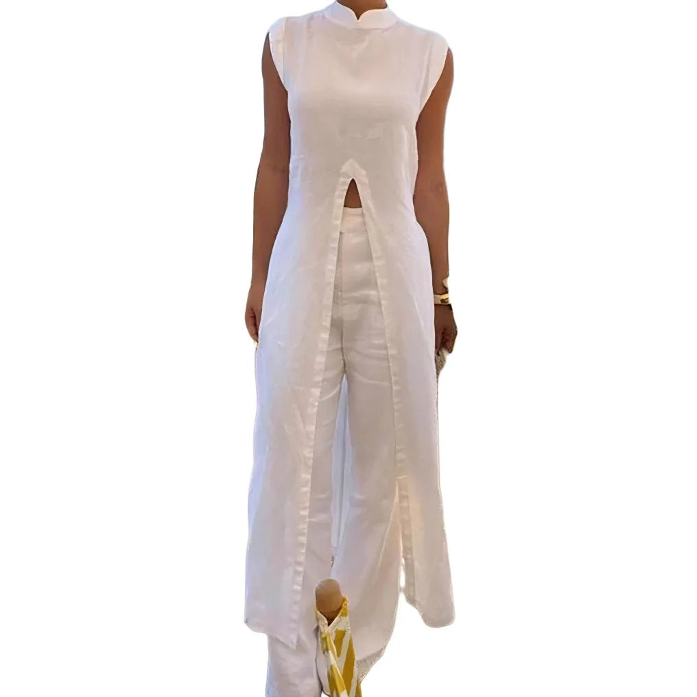 Classy Style Women Summer Stand Collar Sleeveless Front Split Long Tunic Wide Leg Pants Set