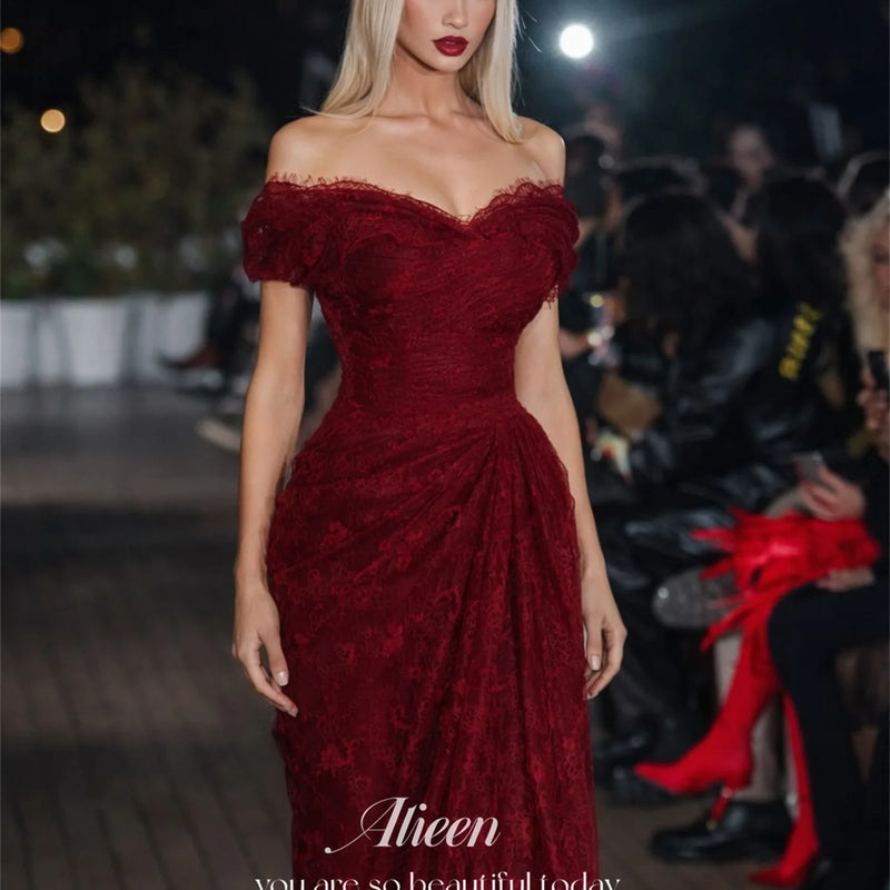 Aileen Burgundy Lace Off Shoulder Evening Dress Short | SAMAG
