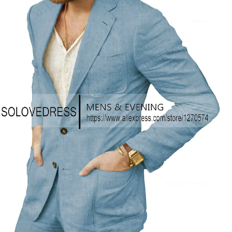 Summer Linen Suit Men Casual Party Classic Blazer Pants 2 Pieces Holiday Travel Tailor-made Breathable Cool Male Outfits