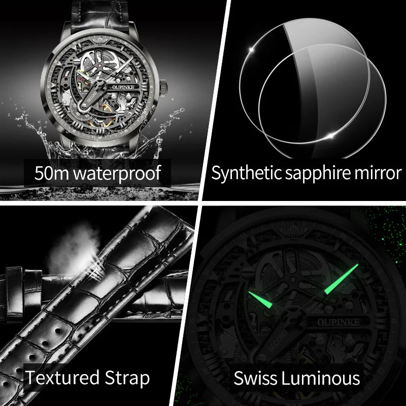 OUPINKE 3173 Fully Transparent Hollowed Automatic Mechanical Watches for Man Luxury Original Leather Strap Waterproof Mens Watch