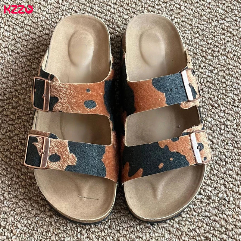 KZZO Horse Hair Genuine Leather Women Mules And Clogs Adjustable Buckle Cork Footbed Comfort Casual Outdoor Slippers Non-Slip