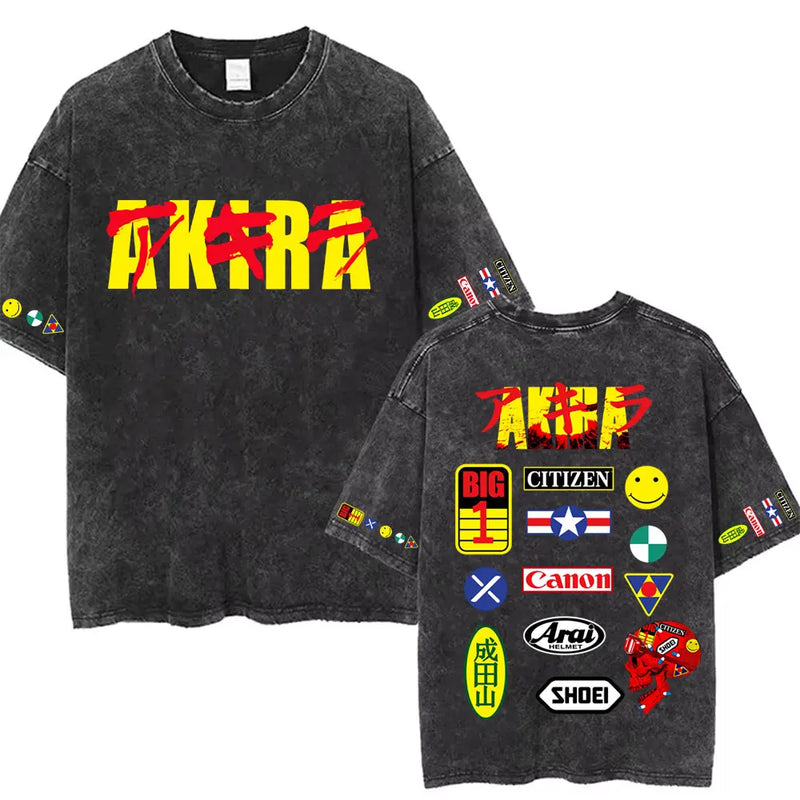 Washed Retro Japanese Anime Akira Print 100%Cotton Men Woment T-shirt Summer Autumn Daily Sports Party Casual Loose Short Sleeve