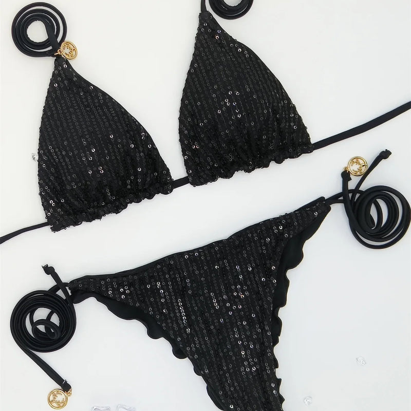 Sexy glitter sequine plain bikinis sets two pieces thong | SAMAG