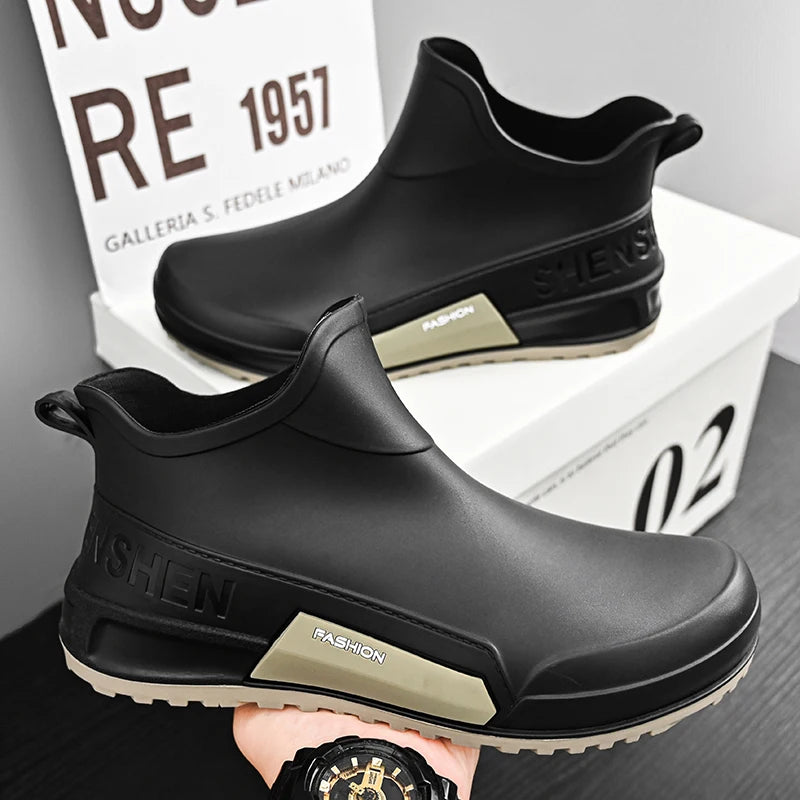 Men's Winter Fleece Lined Short Rain Boots Waterproof Non Slip Work Kitchen Safety Black Rubber Boots Thickened Shoe Bottom