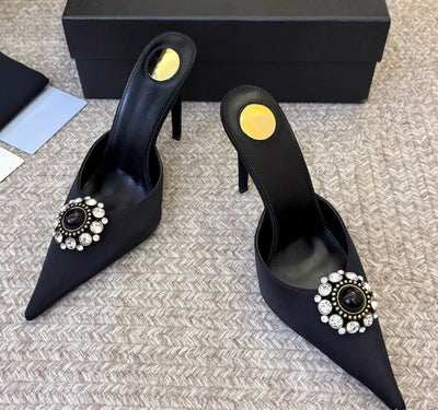 2026Women's new satin pointed toe toe water diamond high heels slippers party wedding high heels women's sandals