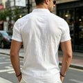 Men's White Stand Collar Henley Short Sleeve Shirt | SAMAG
