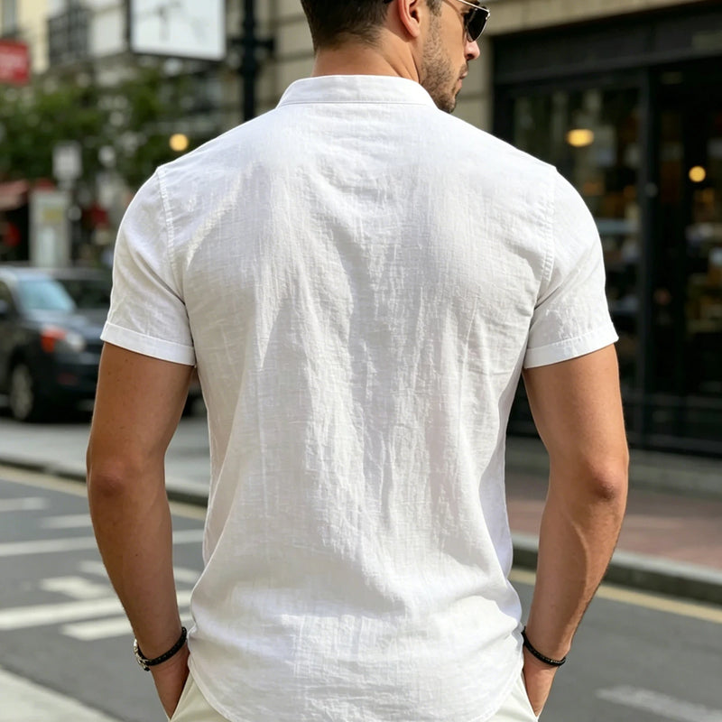Men's White Stand Collar Henley Short Sleeve Shirt | SAMAG