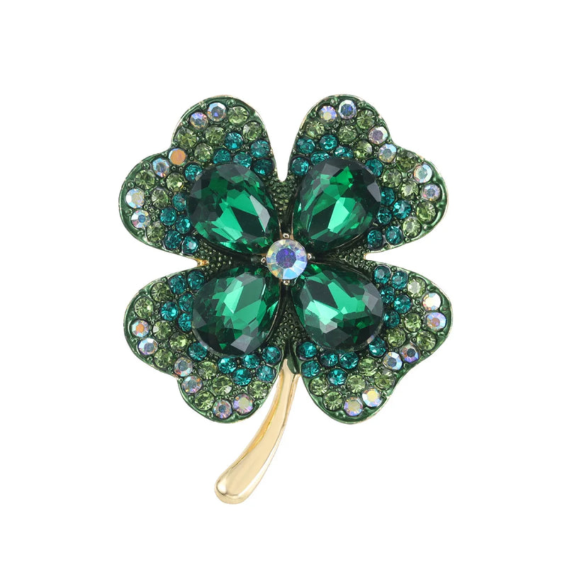 WEIMANJINGDIAN Brand Green Four Leave Clover Irish Shamrock Lucky Crystal Brooches and Lapel Pins Collections