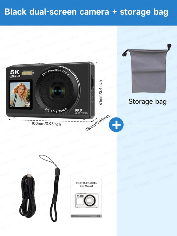 5K Digital Camera 8000W Pixel Retro CCD Dual Screen Photographic Cameras 80MP Vlog Cam with Auto Focus Smile Detection 18x Zoom