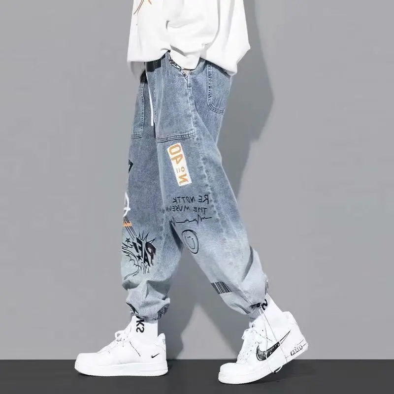 Korean Clothing Men Letter Printed Jeans High Waisted | SAMAG