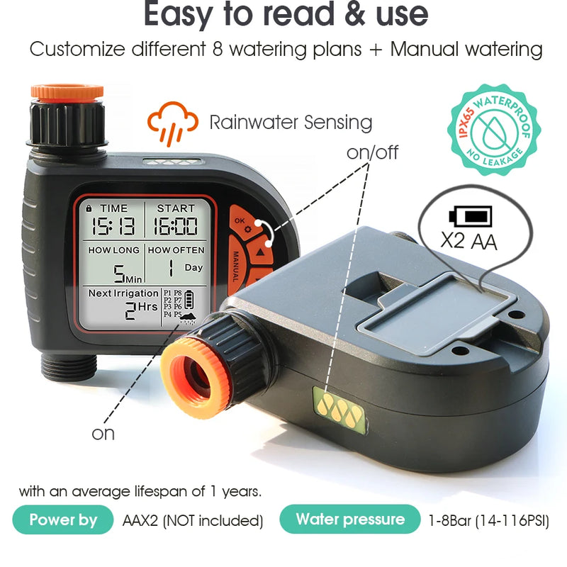 5-50M Garden Smart Rain Sensor Timer Drip Watering Kit for Outdoors Plants 1/4" Adjustable Dropper Automatic Irrigation System