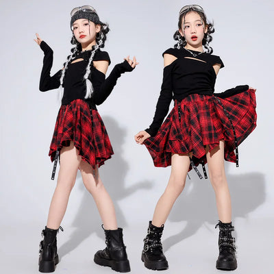 Girls Hip Hop Costume Black Top Plaid Street Dance Skirt | SAMAG