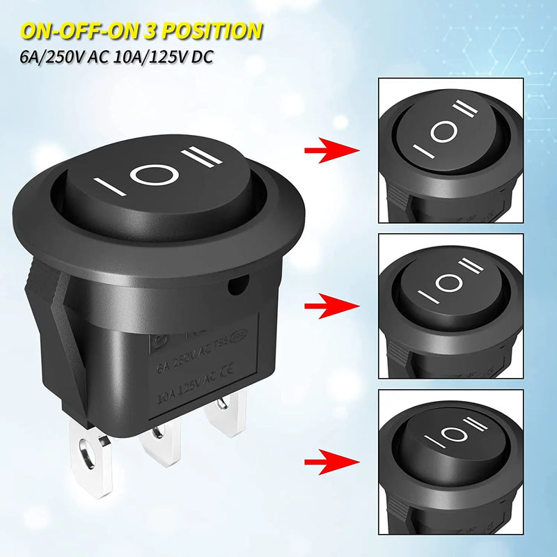 DaierTek 5PCS Round KCD1 Rocker Switch 12V 3 Pin 3 Position ON Off ON 10A/125V DC SPDT Circle Toggle with - Visuel 3 | SAMAG