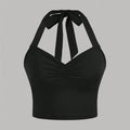 Women Ruched Halter Crop Top Tie Back Sleeveless Camisole V Neck Slim Stretch Y2K Party Cami Black Red Two Colors
