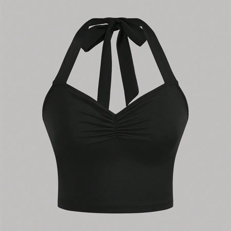 Women Ruched Halter Crop Top Tie Back Sleeveless Camisole V Neck Slim Stretch Y2K Party Cami Black Red Two Colors