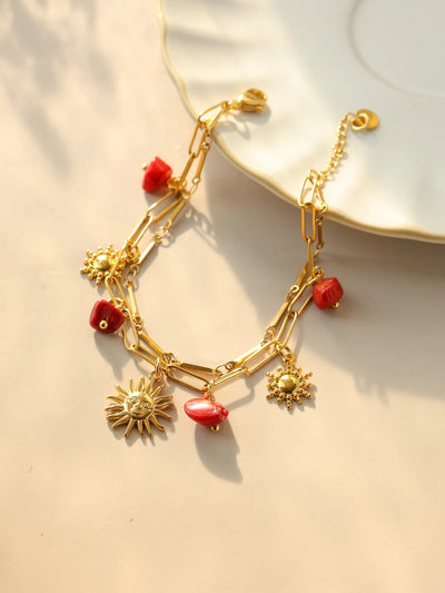 Stainless Steel Red Natural Stone Sun Pendant Double Bracelet Simple Irregular Chain Gold Women Jewelry Birthday Gift | SAMAG