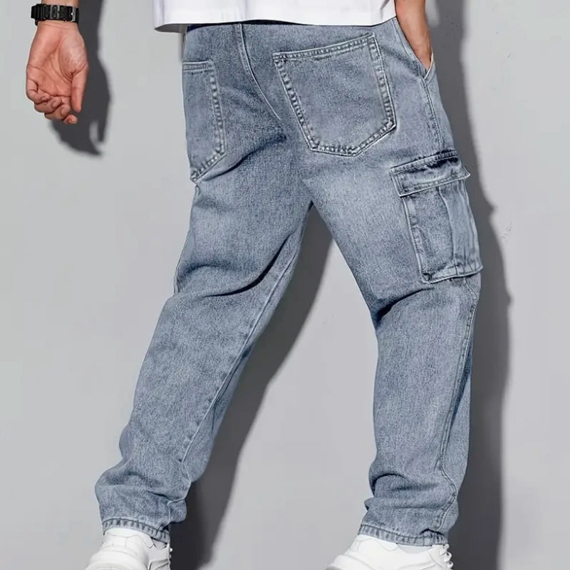 Men's American Retro Casual Cargo Jeans, Loose Fit, Solid | SAMAG