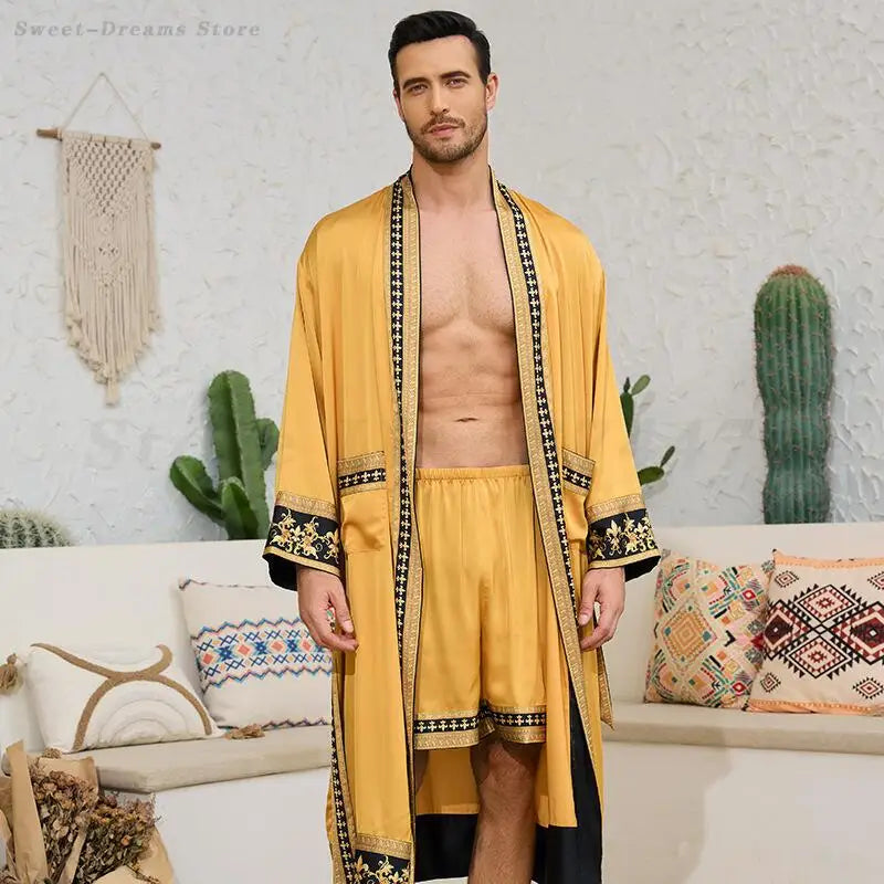 Men's Long Robe Pajamas Set Baroque Style Bathrobe Kimono Shorts Pijamas Spring Summer Sleepwear Home Clothes Satin Loungewear