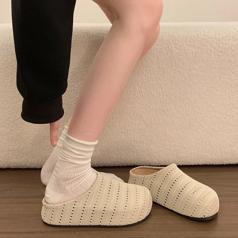 Summer Fashion Knitted Hollow Out Women Closed Toe Slip On Platform Clogs Mules Slides Breathable Casual Outdoor Shoes for Women